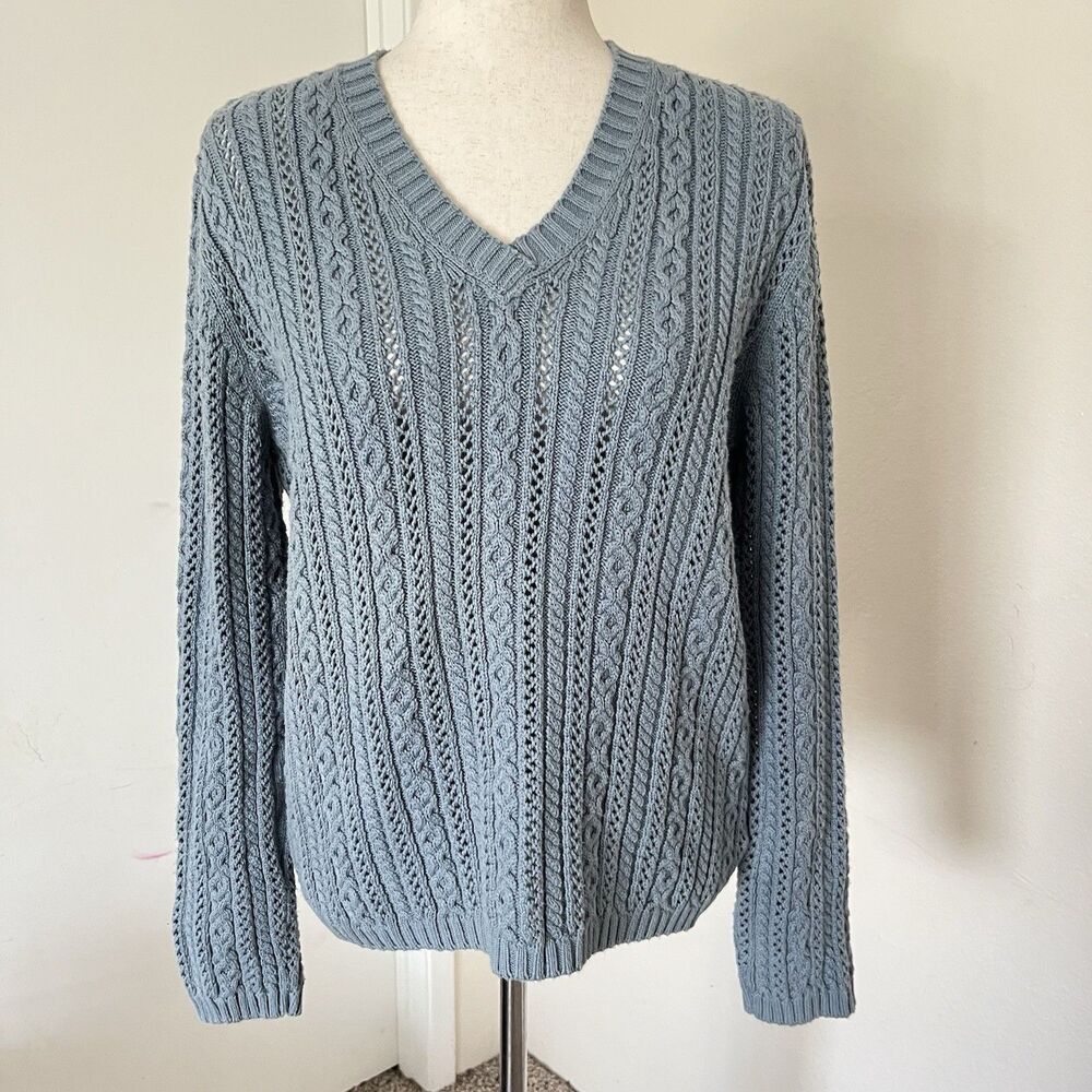 LRL Ralph Lauren Womens Cotton cable knit blue sweater L Fishermen